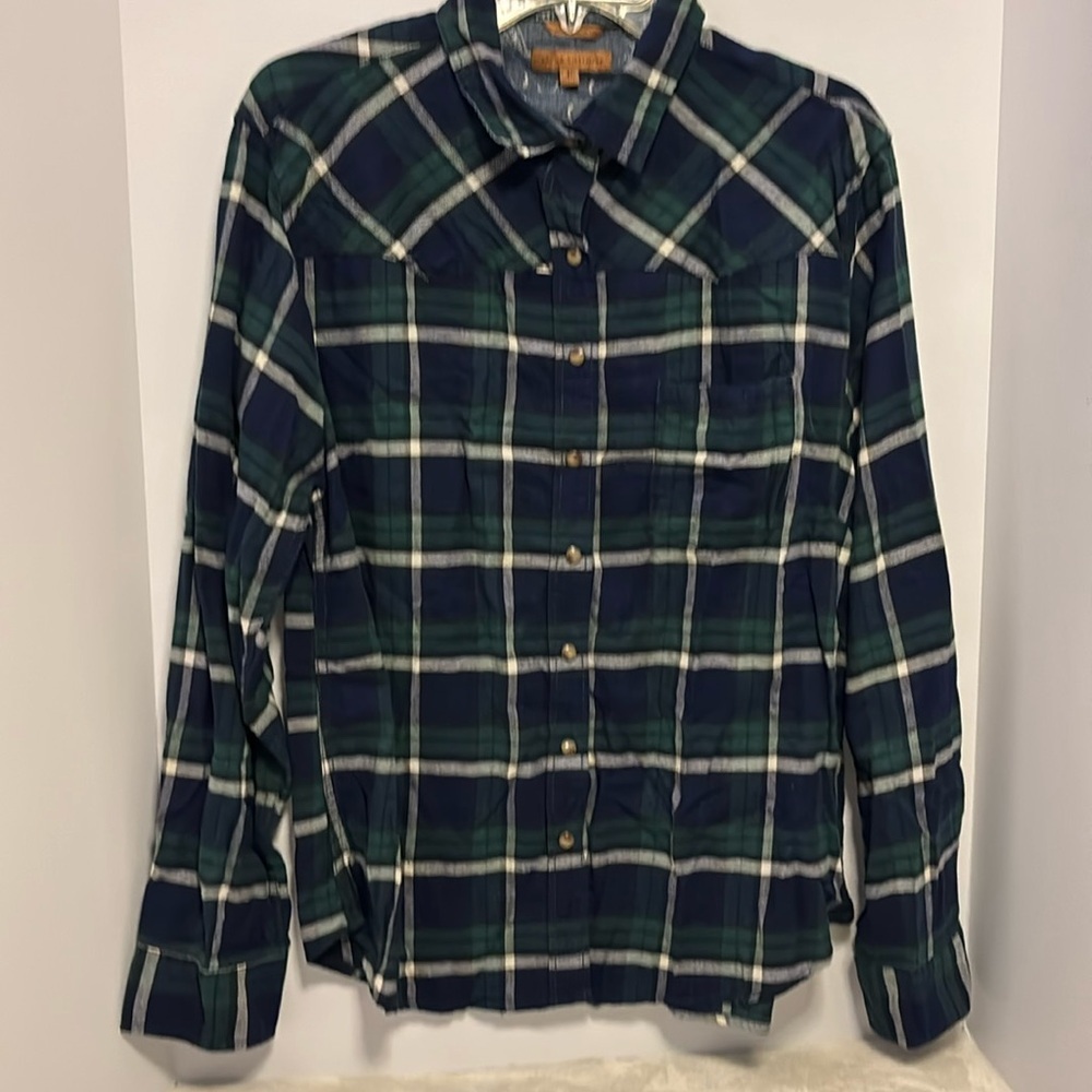 JACHS GIRLFRIEND BLUE GREEN PLAID FLANNEL SNAP CLOSURE LONG SLEEVE SIZE LARGE